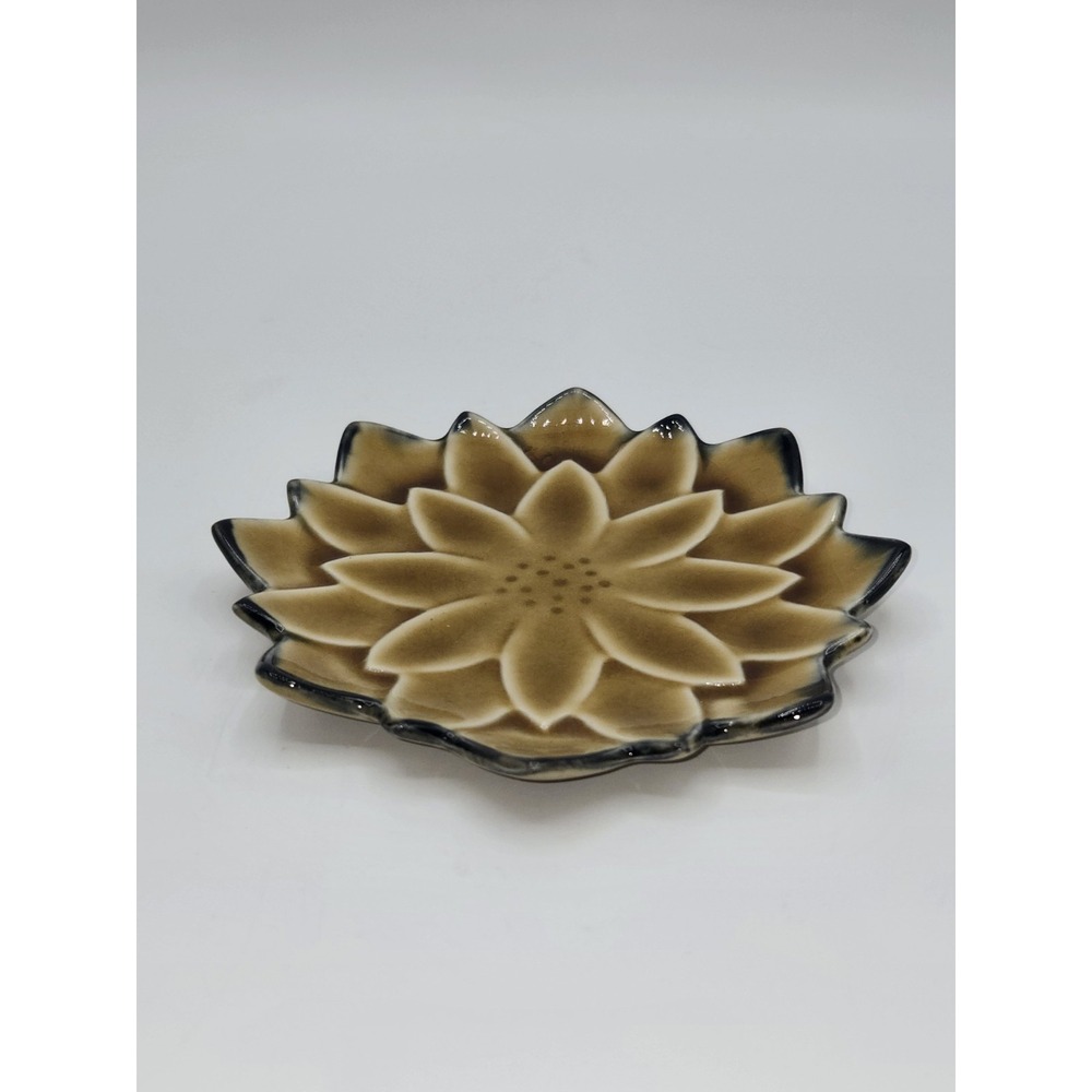 Mid Century Ceramic Sunflower Trinket Dish Brown Ombre Glaze 4.6"